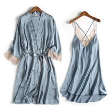 Шелковый Халат Атласный Женский халат и платье наборы Лето 2 шт платье для сна халат сексуальная пижама ночная рубашка домашняя одежда