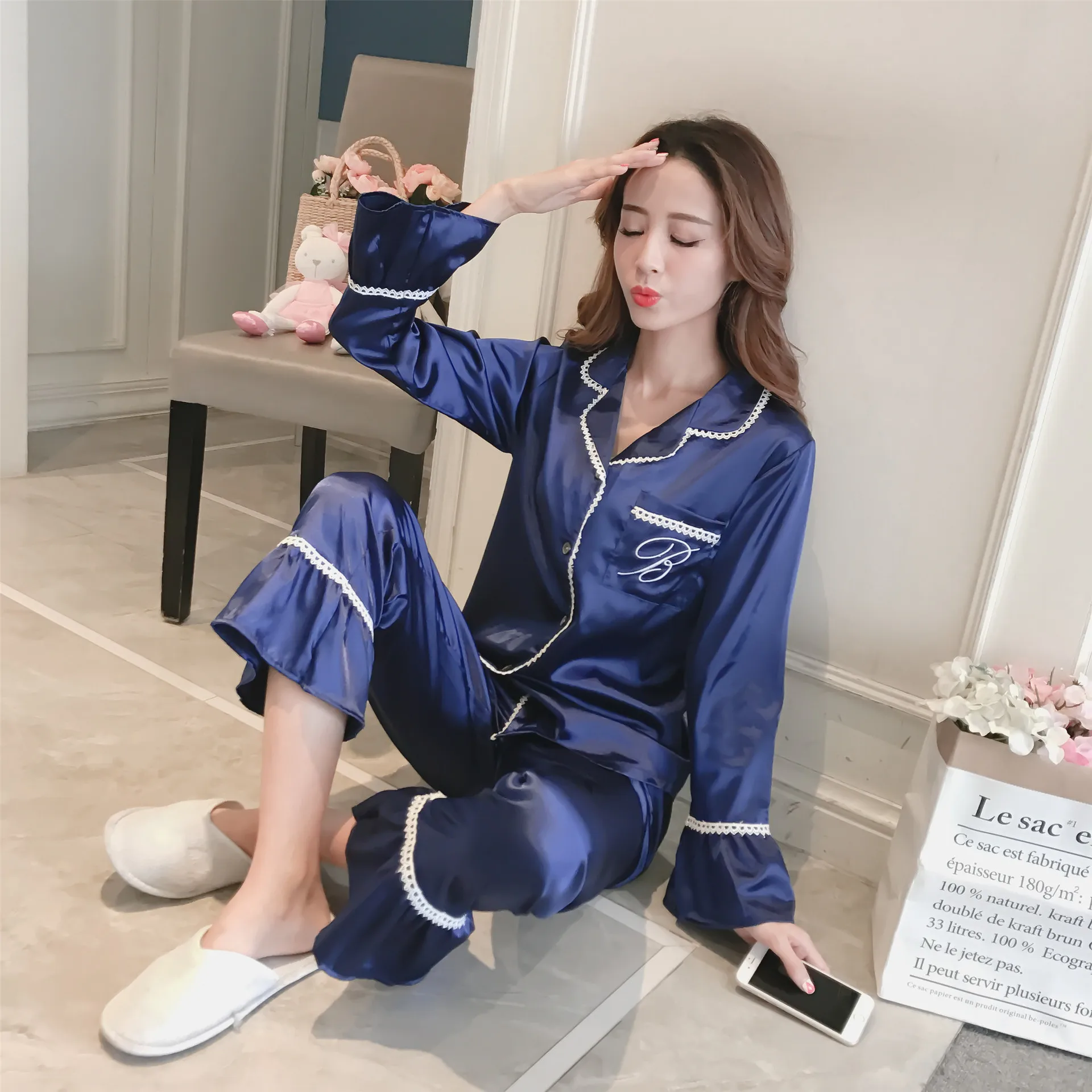 

INS Pajamas Women's Real Silk Lace Long Sleeve Viscose Korean-style Faux Spring Sweet New Style Thin Viscose WOMEN'S