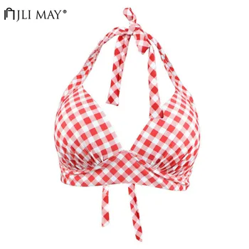

JLI MAY Women Checkered Swimwear Tops Wire Free High Waist Plaid Swimsuit Two Piece Separates Bikini Halter Bandage Hot Spring