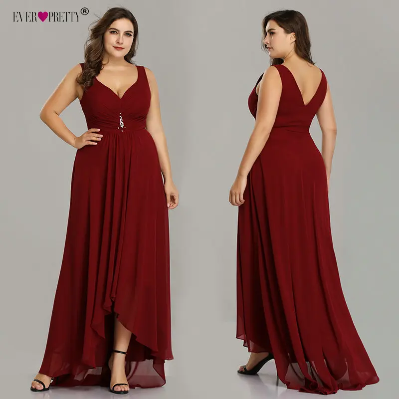 Plus Size Prom Dresses Long 2020 Elegant Burgundy A-line Sleeveless Crystal High Low Ever Pretty Special Occasion Party Gowns