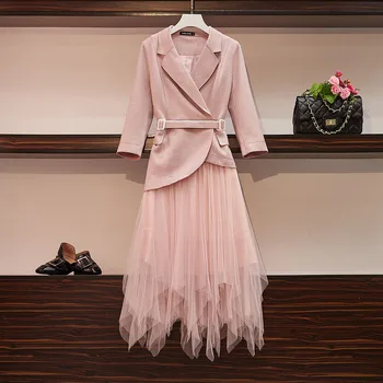 

HAMALIEL Fashion Women Pink Notched Blet Blazers Suits Autumn Winter Office OL Suit Coat+ Elastic Waist Mesh Irregular Skirt Set