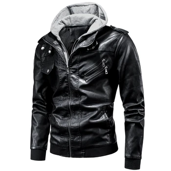 

Men Autumn And Winter Casual Motor Hooded PU Leather Jackets Coat Men Autumn Outwear Fashion Punk Style Hat Leather Jacket Men