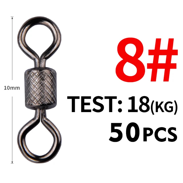 Meredith 50PCS/Lot Fishing Swivels Ball Bearing Swivel with Safety Snap Solid Rings Rolling Swivel for Carp Fishing Accessories Size8 10mm 18kg