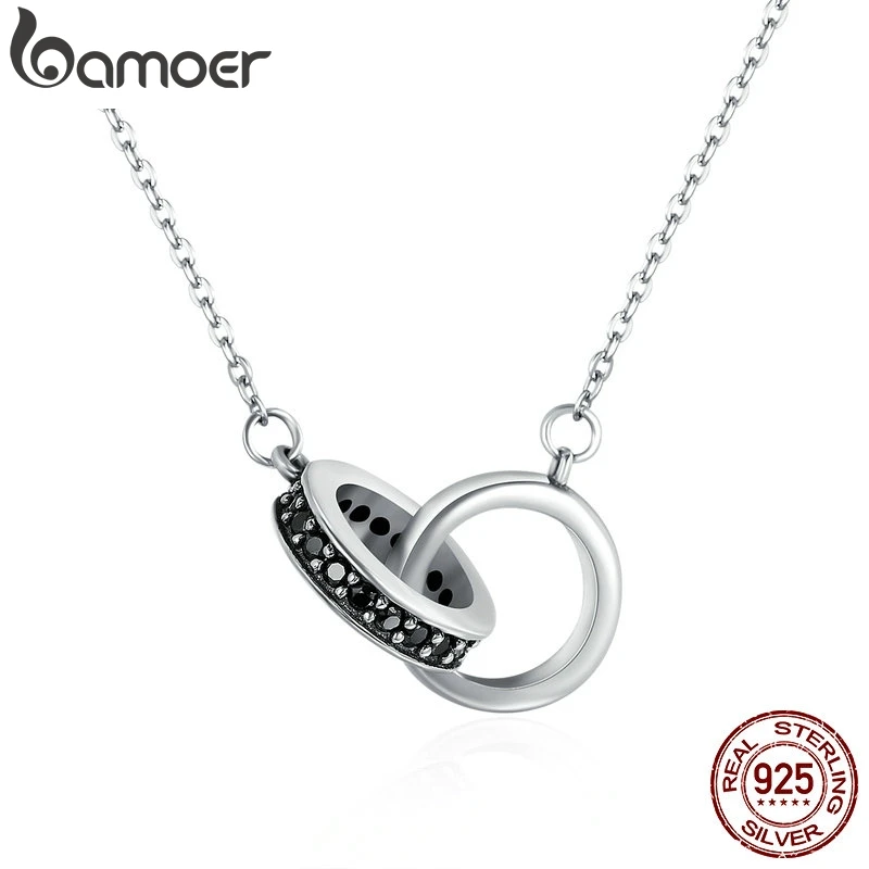 Online BAMOER auténtica Plata de Ley 925 círculo en círculo negro CZ colgante collares para mujer joyería de plata de ley regalo SCN147