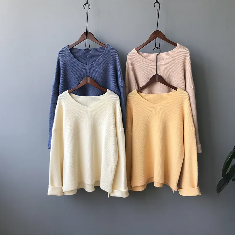 Womens sweaters 2019 autumn new sweater women solid color V-neck women sweater Korean students loose thin knitted sweater top