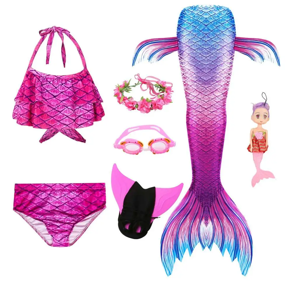 Популярный купальный костюм русалки с хвостом для девочек, детский купальный костюм Костюм Русалки купальный костюм, можно добавить очки или гирлянду - Цвет: style 1 -7 set