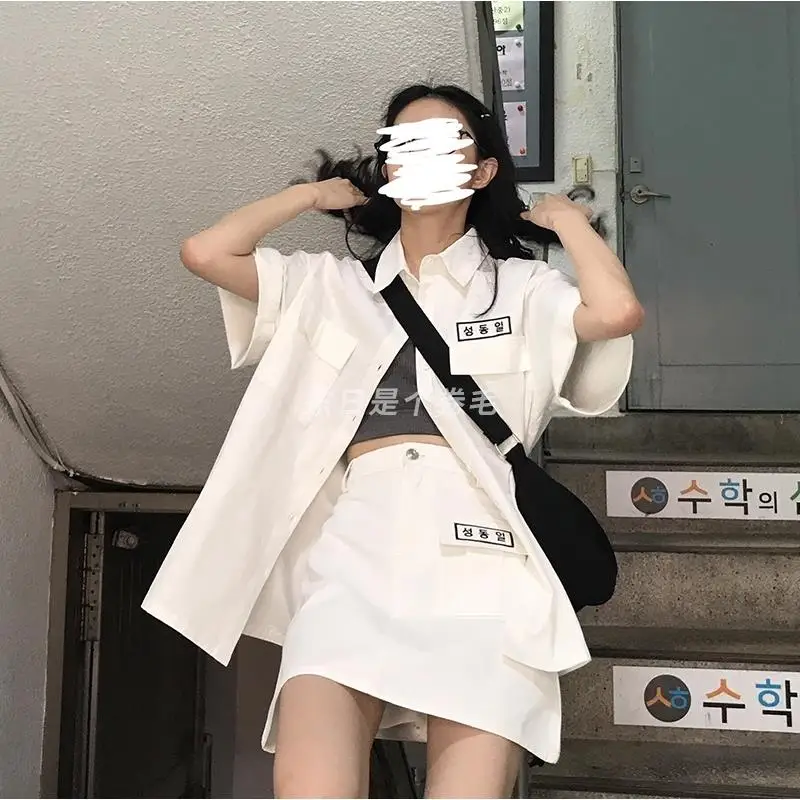 

NiceMix two-piece short-sleeved overall shirt skirt Suit Single Button Turn Down Collar Blouse Mini Skirts Summer Japanese women