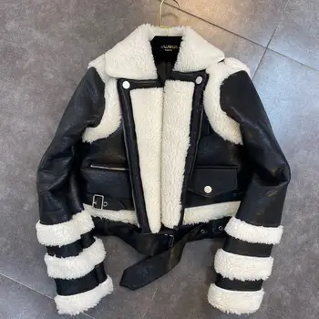

ZCSMLL Winter 2020 Lapel long sleeve jacket lamb wool stitching zipper pocket cool Street Motorcycle Pu cotton coat women