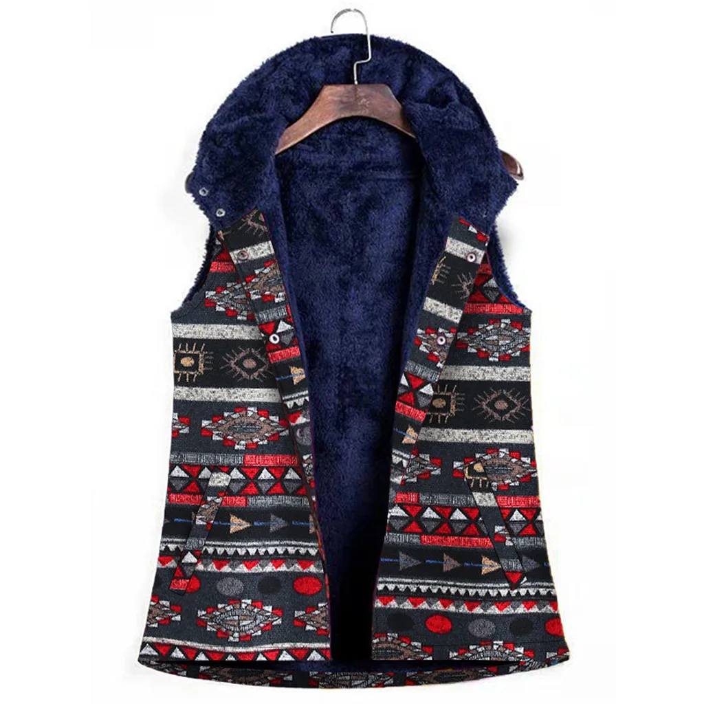 Womail, винтажный этнический принт, верхняя одежда с капюшоном, без рукавов, теплый жилет, женский зимний модный топ, покрытый пуговицами, жилет, куртка