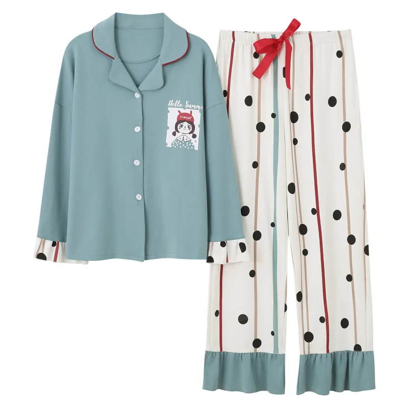 

SIMISI Korean Style Women's Pajamas Set Cotton Print Sleepwear Turn-down Collar Cardigan Full Full Length Set Home Clothes