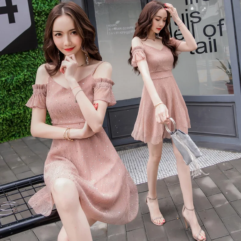 

2018 Summer Wear New Style Korean-style Gentle Fairy Charade Slim Fit Slimming Sequin off-Shoulder Chiffon Strapped Dress