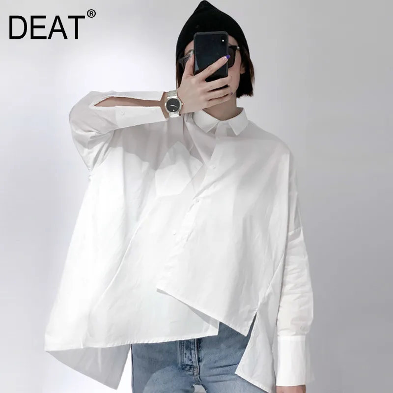 

[DEAT] 2019 New Spring Summer Lapel Long Sleeve Brief Split Joint Irregular Personality Shirt Women Blouse Fashion Tide JS9