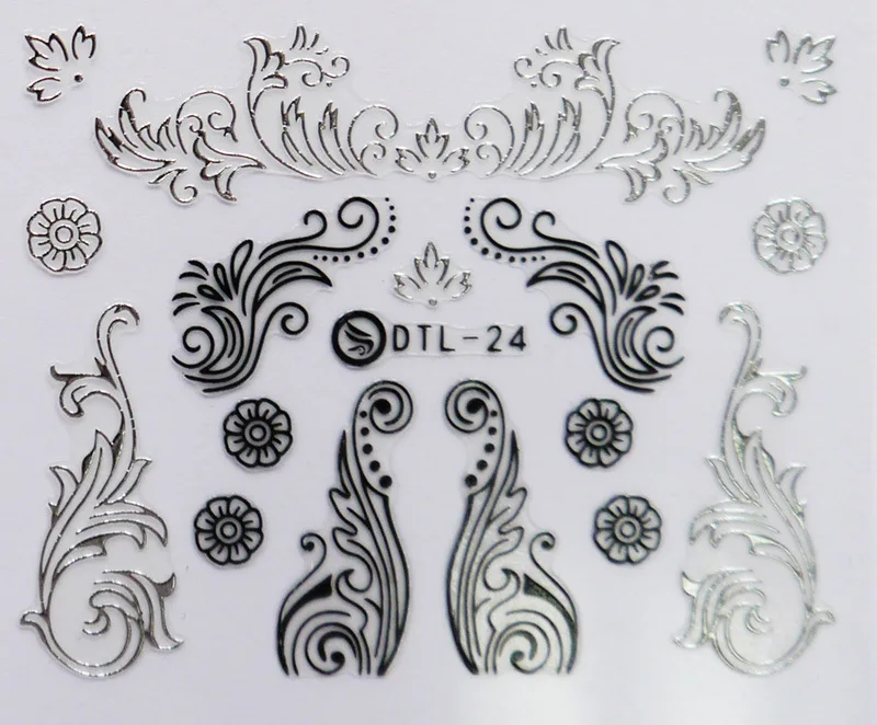 Топ форма бренд 3D Маникюр цветок переводные наклейки на ногти клейкая бумага DTL013-24 серебро