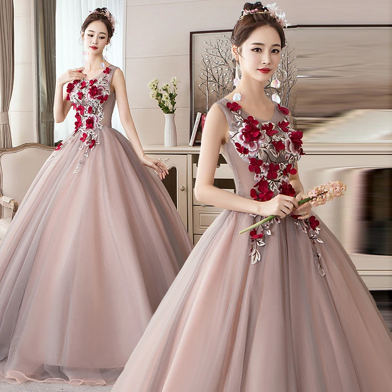 Quinceanera Gowns V-neck Flower Appliques Ball Gown Party Prom Formal Quinceanera Dresses Plus Szie Vestito Quinceanera