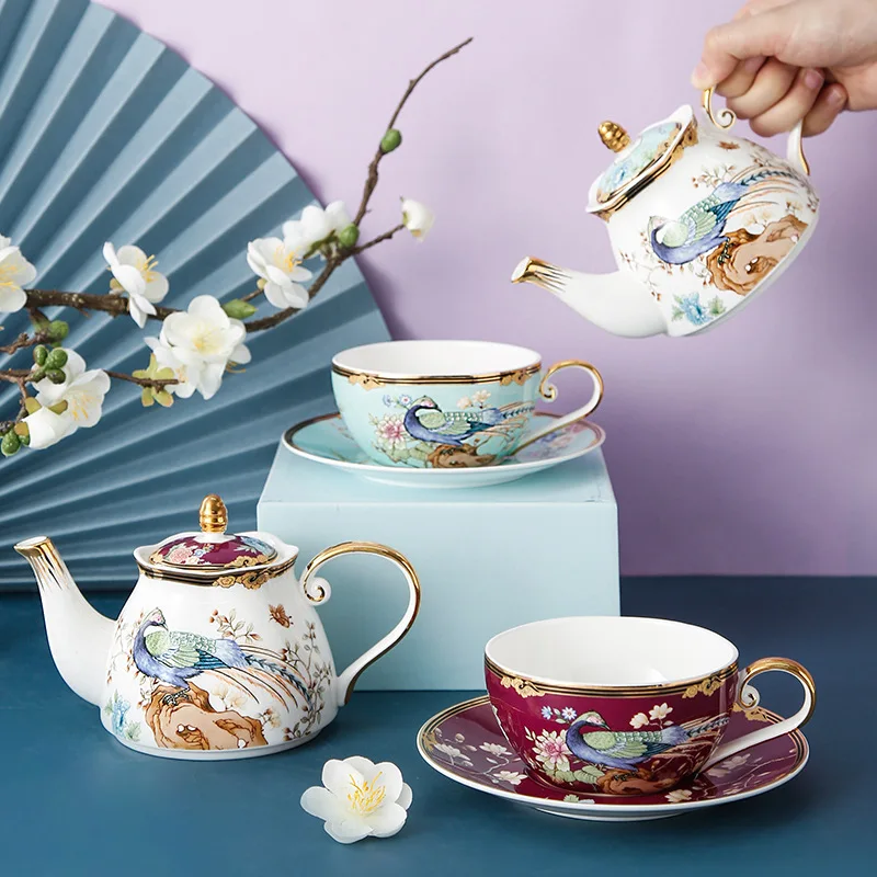 British light luxury ceramic teapot afternoon scented tea pot with flower and bird single pot cup and saucer gift box set