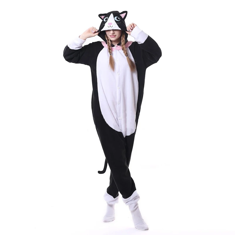 Кигуруми с животными Черный кот комбинезон для женщин и девушек DJ Kitty одежда сна
