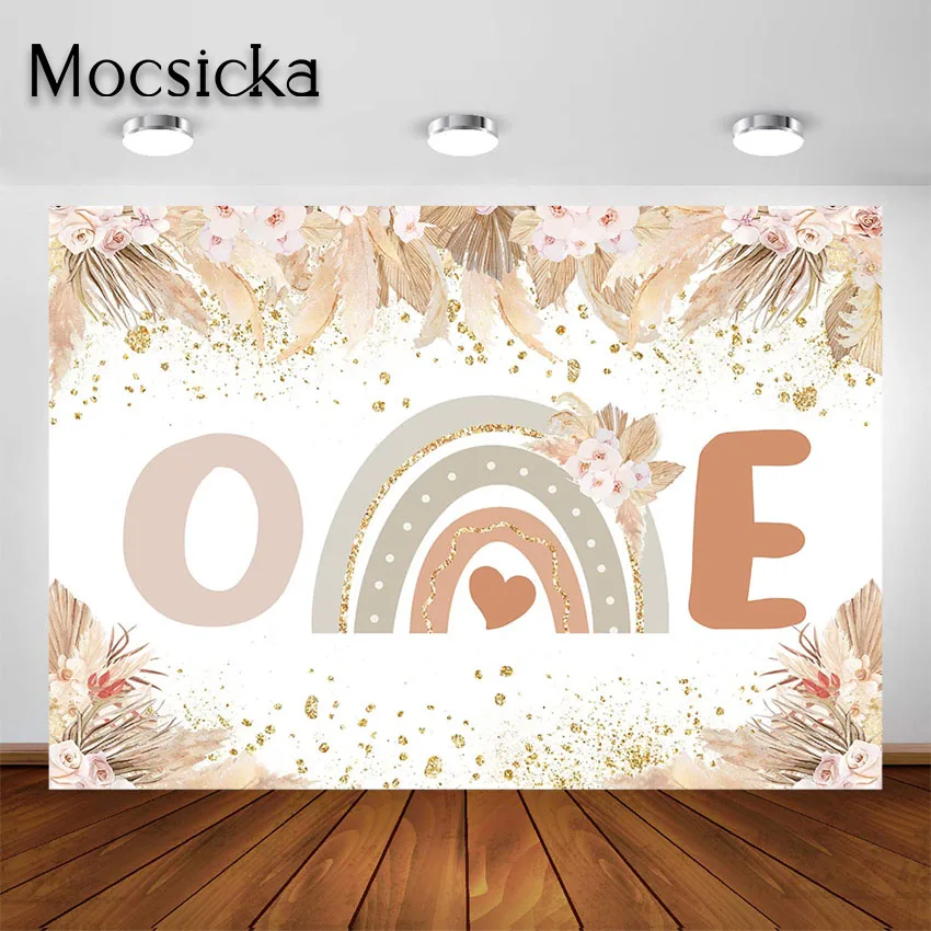 Photo Backdrop Party Decoration Mocsicka Bohemian Rainbow Birthday Backdrop Pampas Grass Boho 1st Birthday Party First One Cake Smash Background