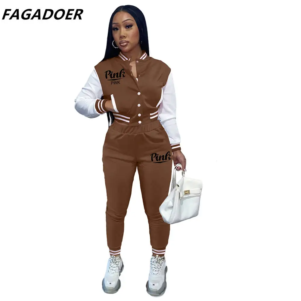 FAGADOER Autumn Winter Baseball Uniform New Women Button Letter Print Coat And Pants Tracksuits Casual 2pcs Outfits Streetwear women's sweat suits sets Suits & Blazers