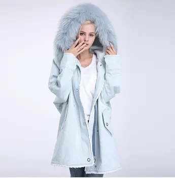 Billige 2019 Neue Mode WaschbÀr Hund Kragen Rex Kaninchen Pelz Abnehmbare Denim Jacke Winter Warme Mantel Mode Frau Mantel