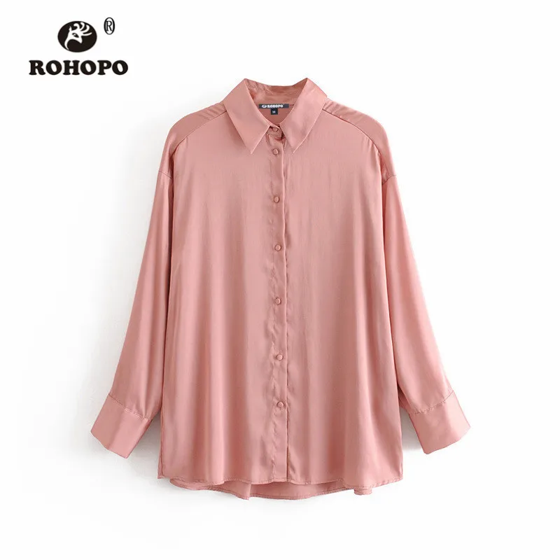 ROHOPO/розовая блузка с длинным рукавом, шелковистая, однотонная, мешковатая, мягкая, плиссированная, женская, осенняя рубашка,#2264