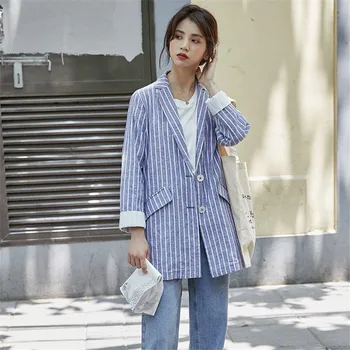 

CBAFU spring women blue blazer casual linen cotton pocket office lady jacket female outwear suit coat workwear P954