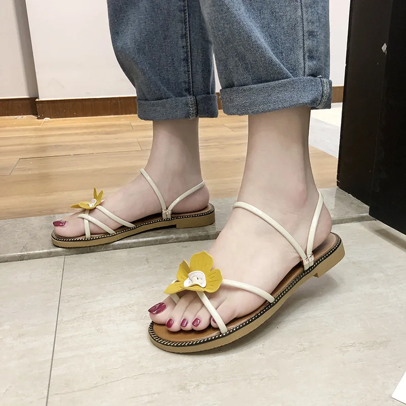 

Summer Flat Heel Flower Mixed Colors Sandals Women's Double Purpose Sweet GIRL'S Sandals Anti-slip Toe Covering Beach WOMEN'S Sh