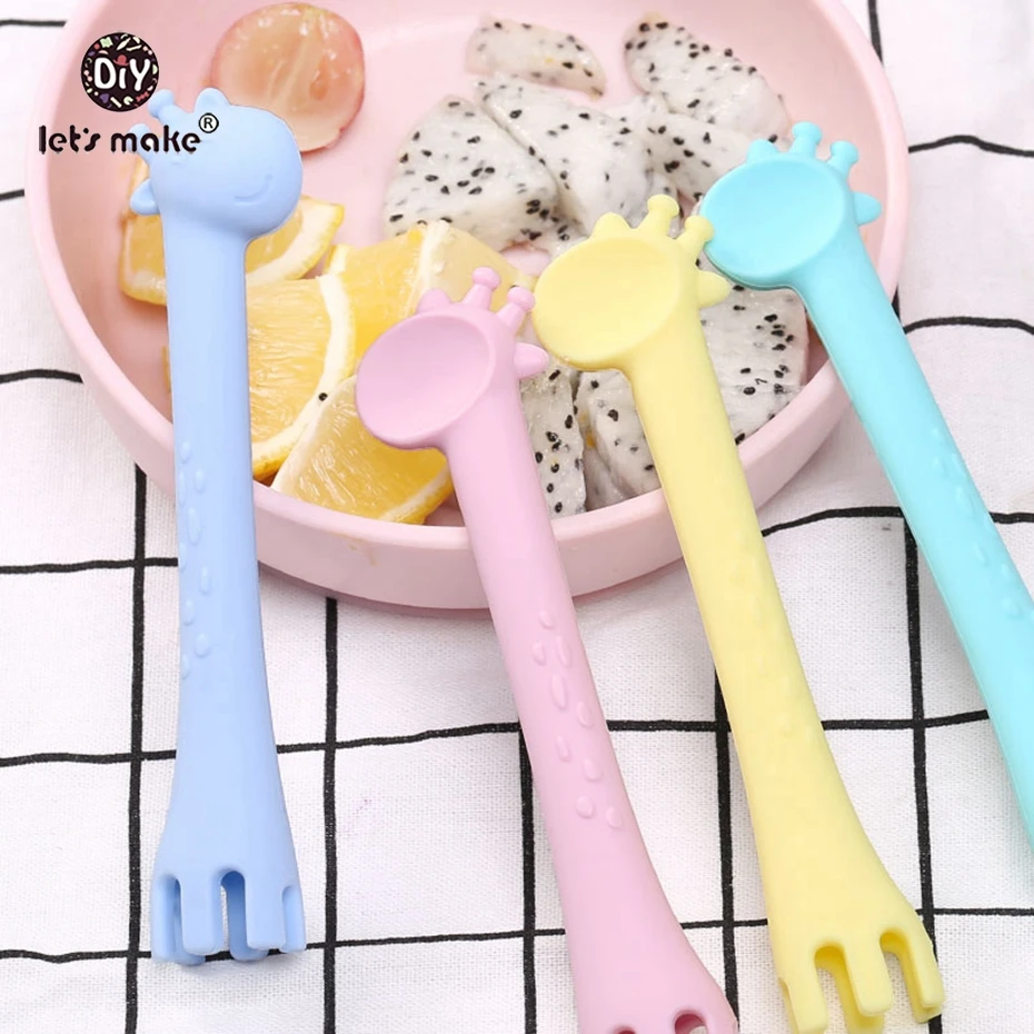 

Let'S Make Silicone Spoon Giraffe Bpa Free 5Pcs Feeder Fork Two In One Safety Tableware Infant Learning Spoons Teether Utensil