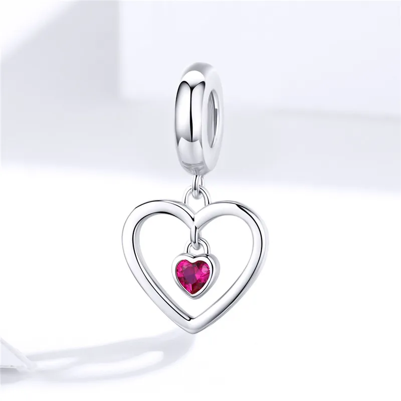 Fit Pandora браслет серебро 925 Красный Циркон Сердце Подвески S925 CZ Романтическая любовь форма бусины для европейских ювелирных изделий
