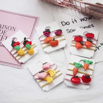 

4PCS Cartoon Elastic Hair Ropes Baby Headwear Girls Hair Accessories Tie Vegetables Fruits Hair Ropes Children Headdress