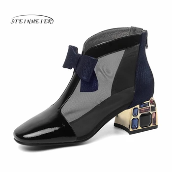 

Women Summer Net Boots High Heels Party Shoes Woman Winter New Genuine Leather Fashion Short Bow Women Ankle Boots Steinmeier