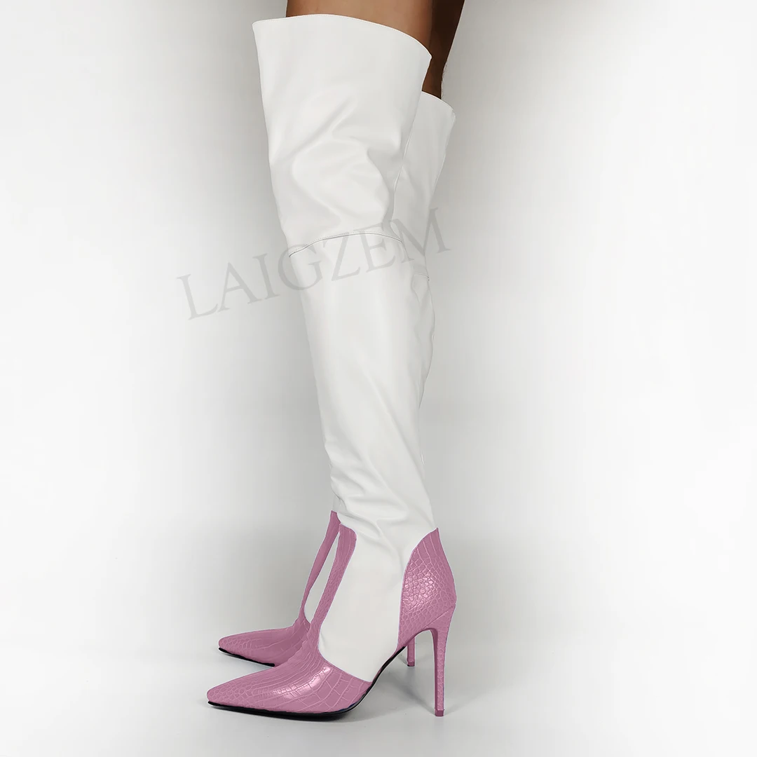 LGZ1062 Pink LAIGZEM Patchwork Women Thigh High Boots Crocodile Stiletto High Heels Shoes Woman Boots Zapatos Botines Mujer Size 45 46 47 - Цвет: LGZ1062 Pink
