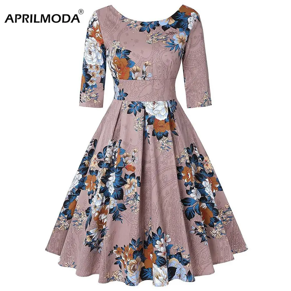 Halter Sleeve Autumn Women Retro Vintage Dress 40s 50s 60s Floral Printed Elegant Big Swing Pleated Party Rockabilly Dresses