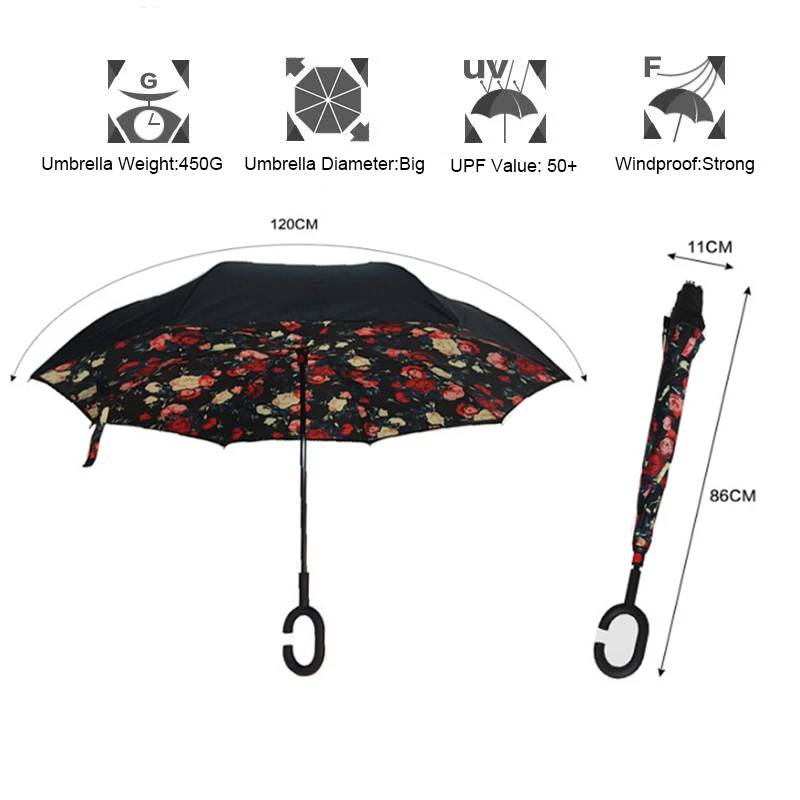 Ветрозащитный обратный складной двухслойный перевернутый Chuva зонтик самостоящий наизнанку защита от дождя c-крюк руки для автомобиля