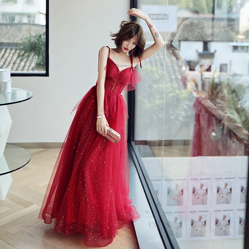 He's Bride Simple Blingbling Evening Dress for Women Red Strapless Formal Prom Gown Elegant Banquets Dress Party Robe De Soiree