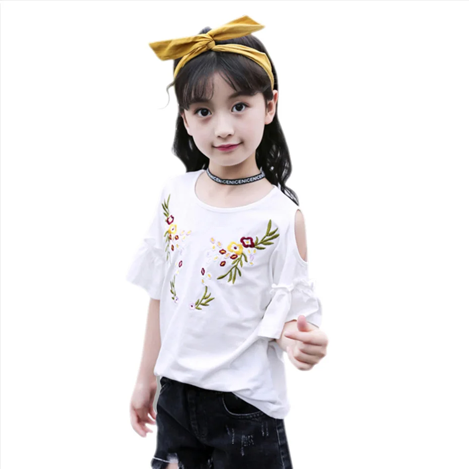Футболка для девочек Летняя футболка с открытыми плечами Детская вышивкой
