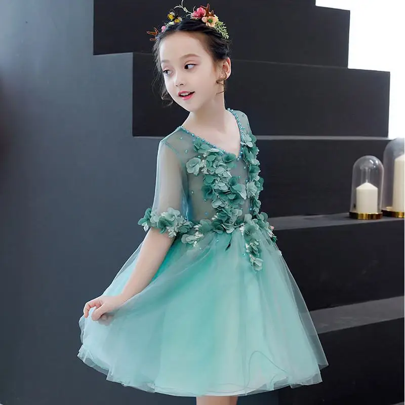 

2019 New Girls Wedding Chiffon Dresses Kids Flower Beading Appliques Party Princess Birthday Dress First Communion Ball Gown F68