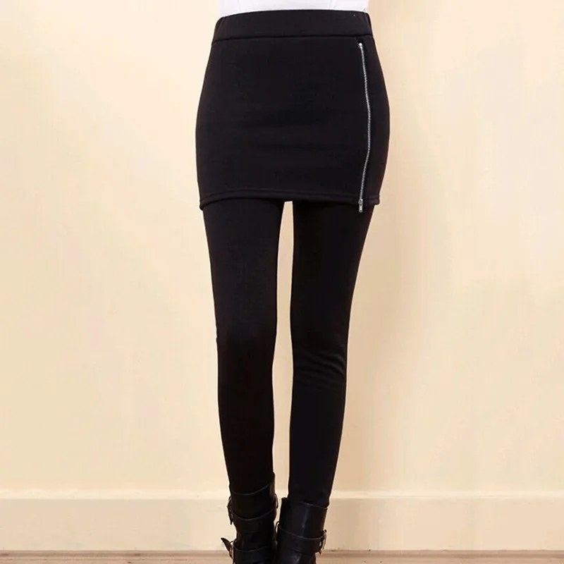 Женская юбка, леггинсы, брюки, женские легинсы, осенне-зимние плотные теплые флисовые леггинсы, плиссированные эластичные леггинсы - Цвет: black zip