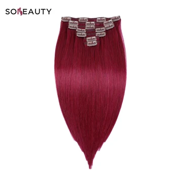 

Sobeauty Red Clip In Hair 16''18''20''22'' Clip In Human Hair Extensions Straight Hair for Women Machine Made Remy Hair