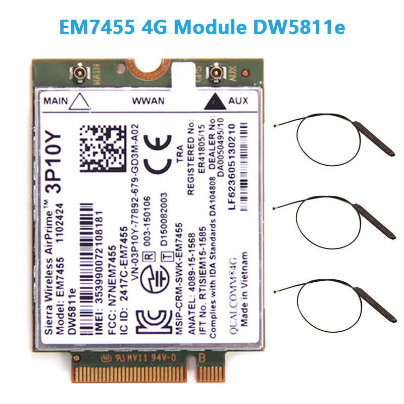 Wireless EM7455 LTE 4G NGFF Module DW5811E 3P10Y 300 M para E7270 E7470 E7370 E5570 Sem Fio FDD/TDD LTE 4G Cat6 Gobi6000 + ANTEN 3g wireless modem