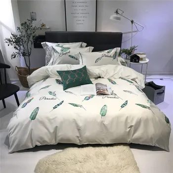 

4,6 Pieces Duvet Cover Set White and Green Bedclothes Egyptian Cotton Satin Bedding Set Queen King Size Feathers Bed Linen Full