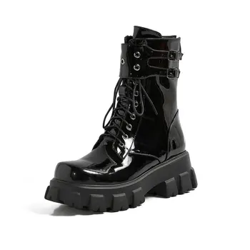 

Fashion Genuine Leather Women Ankle Boots Leather Cross Tied Round Toe Thick Heels Newest Party Basic Shoes Woman