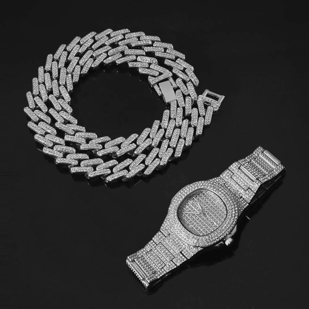 

Hip Hop Miami Curb Cuban Chain Choker Gold Sliver Iced Out Paved Rhinestone Bling Rapper for Men Fashion Watch Necklace Bracelet