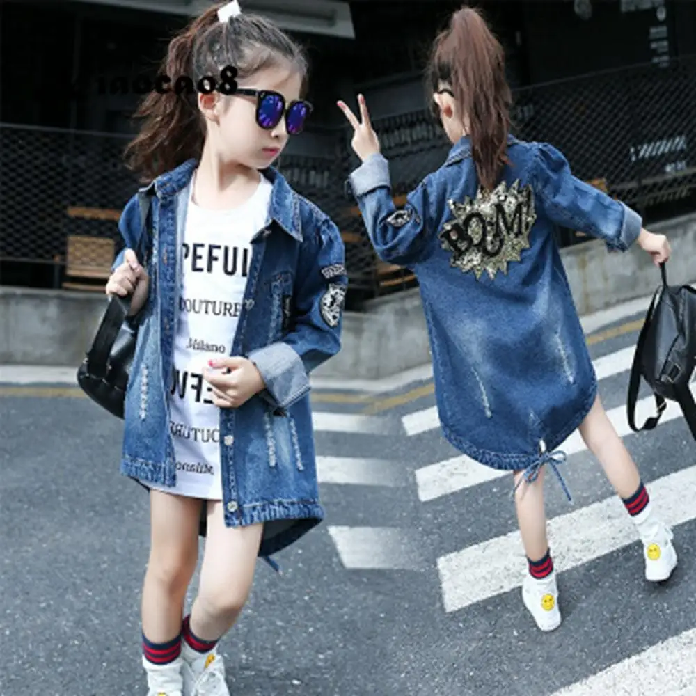 

Girls jackets kids cowboy style sequins outwear 2019 autumn girls long coats children's denim jackets fall jean jacket clothes