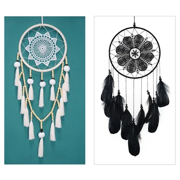 

2 Pcs Macrame Wall Hanging Feather Lace Dream Catchers Decorations, White & Black