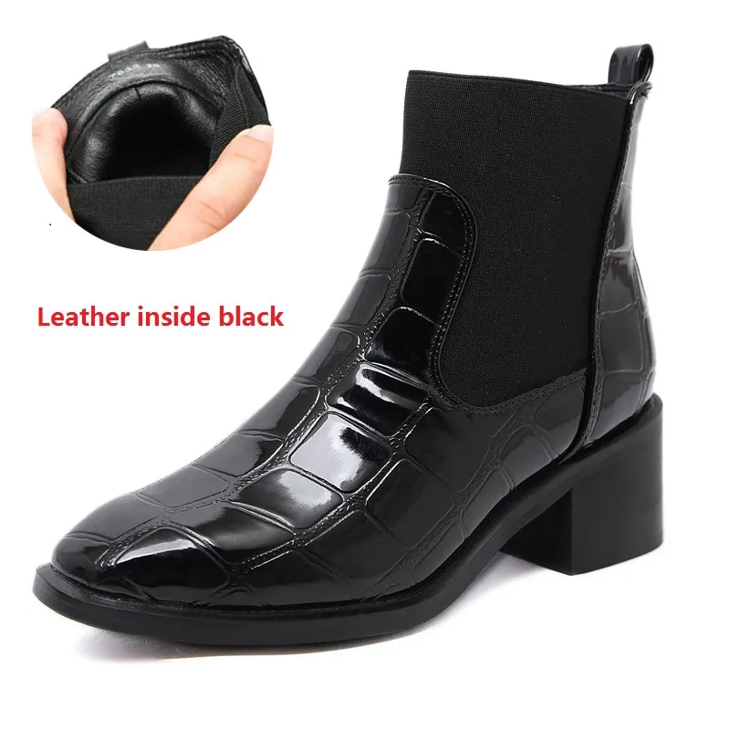 Leather inside Black Fletiter женские сапоги Челси из натуральной кожи; обувь с перфорацией и резным узором; модные ботинки на низком каблуке; женская обувь; Сезон Зима; Дамская обувь - Цвет: Leather inside Black