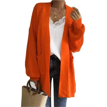 

Long Women Cardigans Loose Plus Size 2020 Spring Autumn Knitted Ladies Sweater Lantern Sleeve Double Pockets Orange Color Tops