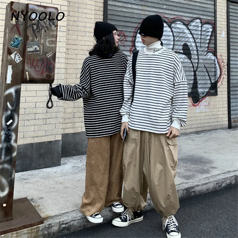 NYOOLO Harajuku уличные буквы вышивка полосатый толстый теплый худи осень зима свободные пуловеры водолазка Толстовка для женщин и мужчин