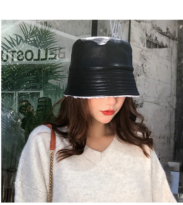 Новая шляпа женская из искусственной кожи Рыбацкая шляпа Женская японская осенне-зимняя модная Панамка Корейская дикая плюс бархатная шапочка мужская