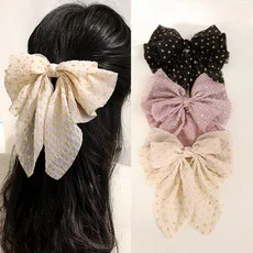 韩式蝴蝶结发夹春夏雪纺印花弹簧夹甜美可爱马尾夹子发卡批发E133