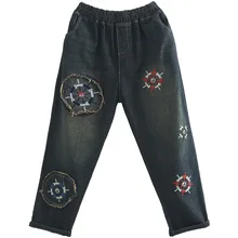 OMIKRON новые женские осенние модные брендовые винтажные джинсы с вышивкой из мультфильмов Женские повседневные шаровары с потертостями брюки